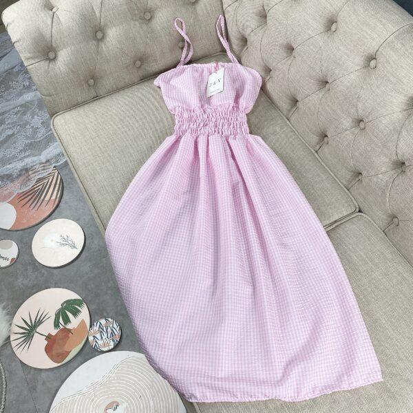 Váy maxi 2 dây caro hồng chun eo